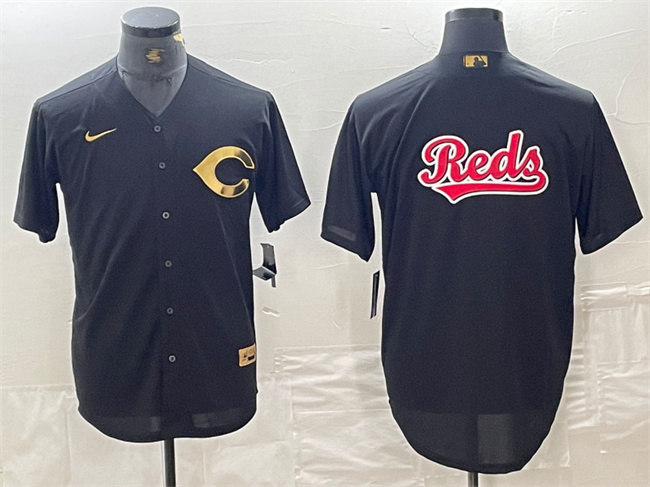 Men's Cincinnati Reds Black Team Big Logo Cool Base Stitched Baseball Jersey